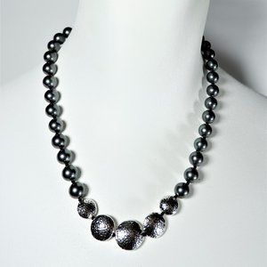 M&N Black Faux Pearl Necklace Sterling Silver Bead